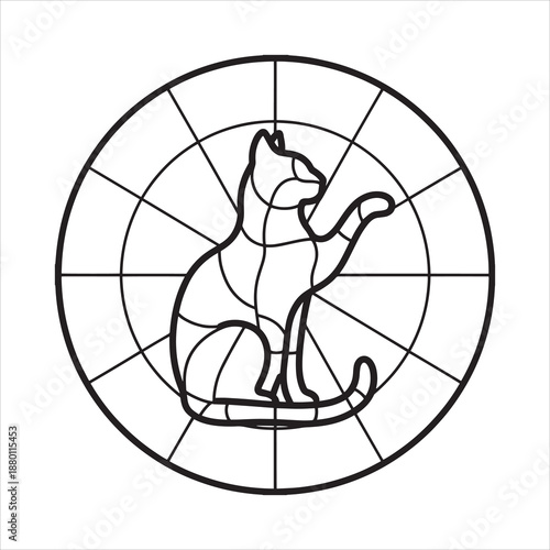 Stained Glass Cat Silhouette in Circular Geometric Frame
