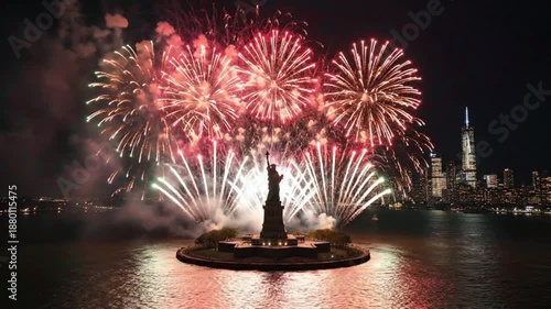 Epic Fireworks Erupt Behind Statue of Liberty over New York City Skyline at Night