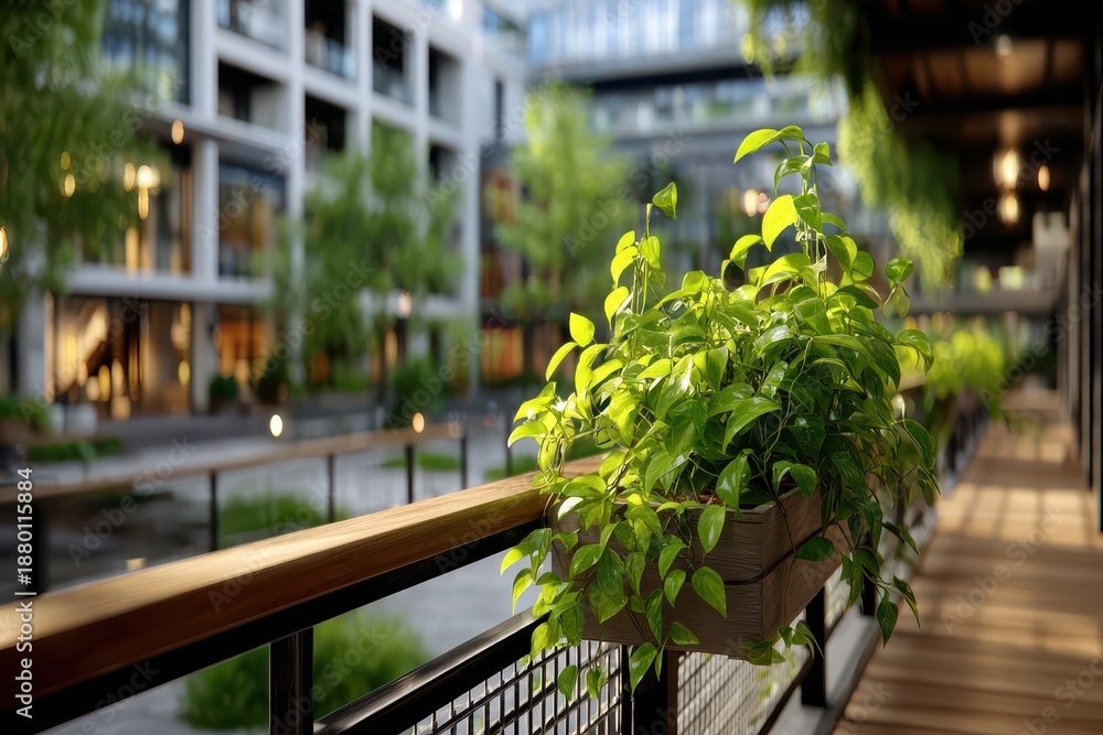 Fototapeta premium Plant box on a rail with a transparent background in outdoor setting.