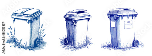 Vintage sketch of compost bins in blue ink on white background  