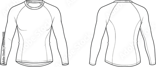 Technical flat sketch of long-sleeve athletic shirt with raglan sleeves, contour seams, and crew neckline