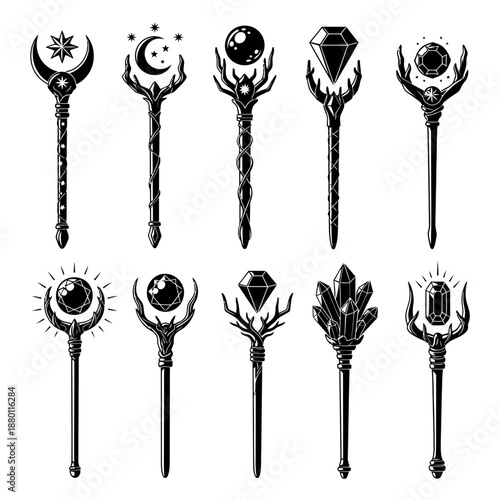 Enchanting collection of magical wands with crystals, moon, and stars, perfect for fantasy designs, mystical projects, or creating captivating illustrations