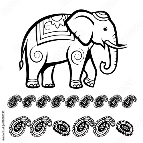 Majestic patterned elephant with paisley accents, evoking Indian tradition and artistry for creative projects and cultural designs in black and white