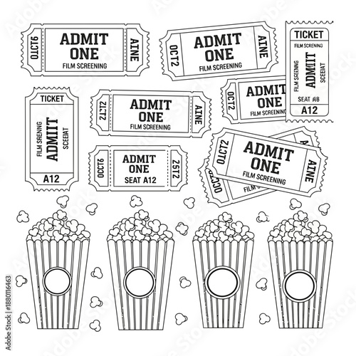 Movie Tickets and Popcorn Line Art Illustration