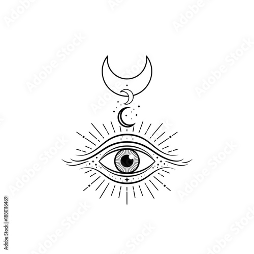 Mystical All-Seeing Eye with Celestial Moons and Stars
