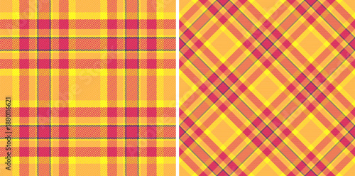 Fabric texture check of pattern background vector with a plaid seamless tartan textile. Set in sunset colors of new year celebration ideas.