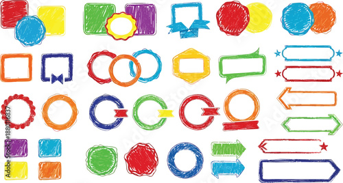 Colorful Hand-Drawn Design Elements: A collection of vibrant, hand-drawn design elements, each with a unique shape and style, offering endless creative possibilities. 