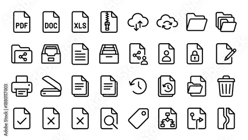 Vector line icon set of 24 unique document and file management icons. PDF, DOC, XLS, ZIP, cloud sync, upload, download, folder, print, scan, share, lock, edit, search, delete, and archive symbols.