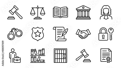 Law and justice line icons set. Legal symbols collection with gavel, scales, courthouse, police badge, contract, handshake, jail, handcuffs, and judge. Minimalist vector outline pictograms.