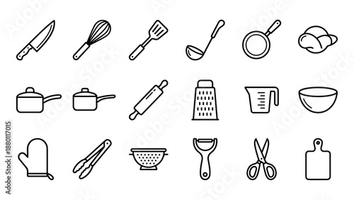 Set of 16 kitchenware and cooking utensil line icons. Minimalist vector style with uniform stroke width. Organized grid layout with knife, whisk, pan, bowl, grater, rolling pin, and kitchen tools.