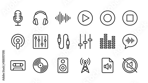 Set of 18 podcast and audio recording line icons. Microphone, headphones, soundwave, speaker, radio, equalizer, music file, mute, vinyl, cassette. Minimalist vector style, clean grid layout.