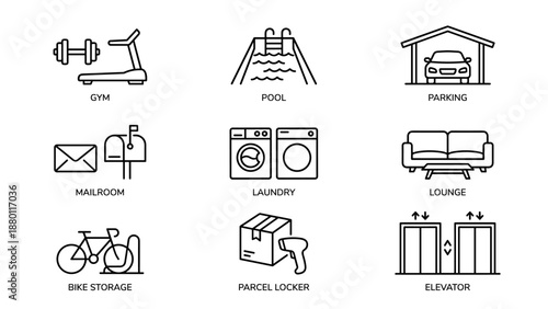 Apartment building facilities line icons set. Gym, pool, parking, mailroom, laundry, lounge, bike storage, parcel locker, elevator. Minimalist outline symbols for real estate amenities.