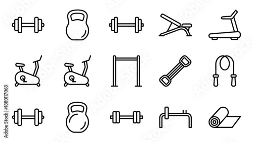 Minimalist fitness gym equipment line icons set. Dumbbells, kettlebell, treadmill, exercise bike, bench, jump rope, yoga mat. Simple outline vector design for sport and workout illustration.