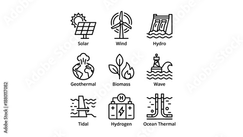 Renewable energy sources line icons set. Minimalistic outline symbols for solar, wind, hydro, geothermal, biomass, wave, tidal, hydrogen, and ocean thermal power on clean white background.