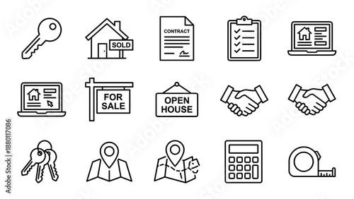 Real estate agent tools line icons set. Minimalistic property sale vector design with house sold sign, keys, handshake, contract, laptop, calculator, map, tape measure icons on white background.