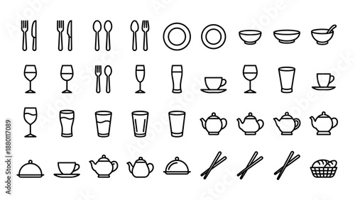 Restaurant cutlery and dishes vector icon set. Minimalist line design. Fork knife spoon chopsticks glass cup plate bowl teapot food service icons collection for café, bar, kitchen, dining concept