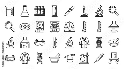 Science laboratory equipment line icons set. Minimalist scientific tools collection. Chemistry and biology lab instruments outline symbols. Microscope, beaker, flask, DNA, and test tubes illustration.