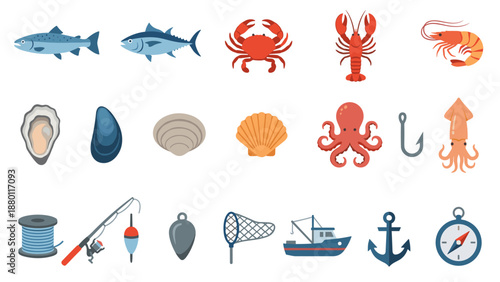 Minimalistic seafood and fishing vector icons set. Marine life illustration with fish, crab, lobster, shrimp, oyster, octopus, squid, seashells, fishing tools, boat, and anchor on white background.