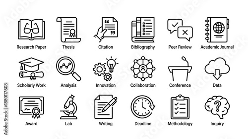 Set of 18 academic and research line icons including research paper, thesis, citation, bibliography, peer review, academic journal, innovation, collaboration, analysis, conference, and methodology