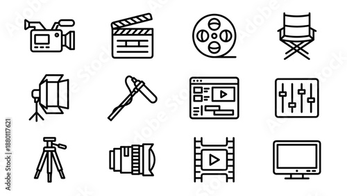 Set of 12 film production and video making line icons. Minimalist vector design. Camera, clapperboard, reel, director chair, light, microphone, tripod, lens, video editing, sound mixer, monitor.