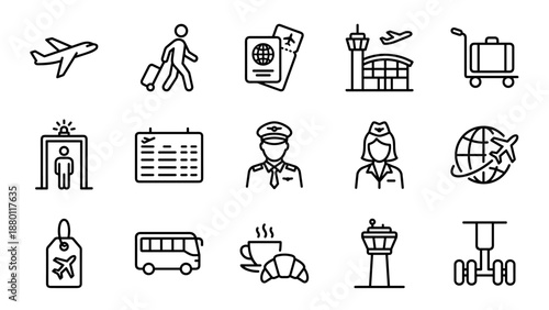 Minimalist airport and flight travel line icons set. Airplane, passport, pilot, stewardess, control tower, luggage, bus, coffee, globe, and security checkpoint. Uniform stroke vector design.