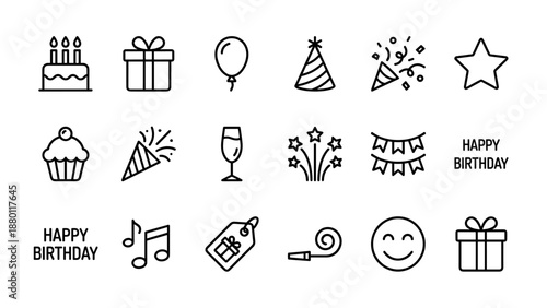 Set of 16 birthday party and celebration line icons. Minimalist linear vector illustration of cake, gifts, balloons, confetti, music, and decorations in uniform stroke width for design and web use