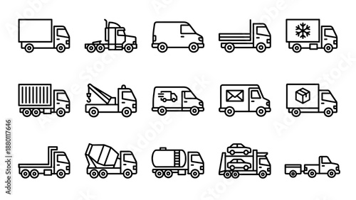 Set of 15 logistics and delivery truck line icons. Minimalist vector illustration with transport vehicle outlines. Cargo, shipping, courier, and freight trucks in clean uniform stroke style.