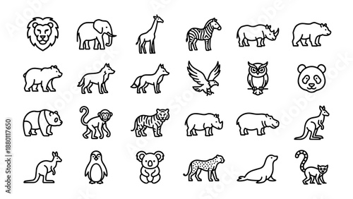 Set of 20 wild animal and zoo line icons in minimalist vector style, uniform stroke width, grid layout, isolated on white background. Safari, jungle, forest animals, outline illustration collection.