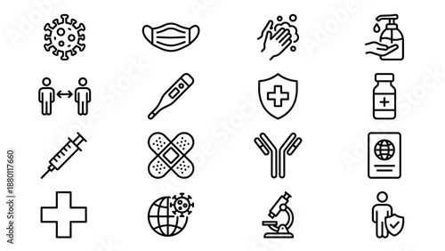Virus protection and vaccination line icons set. Minimalist medical outline symbols. Pandemic prevention, vaccination, hygiene, healthcare concept. Uniform stroke width vector design collection.