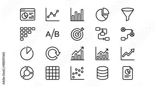 Vector line icon set of business analytics and KPI elements, including dashboard, charts, graphs, funnels, A/B testing, data analysis, reports, statistics, and marketing metrics symbols