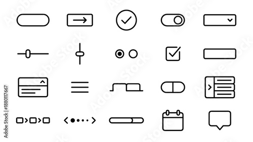 Minimalist vector line icons set of 20 user interface and user experience design elements including buttons, sliders, toggles, dropdown menus, progress bars, check marks, and wireframe components
