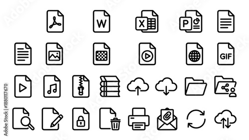 File management line icons set. 24 minimalist vector icons of document formats and folder operations. PDF, DOC, XLS, ZIP, cloud storage, upload, download, sharing, printing, synchronization.