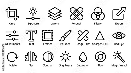 Vector line icon set of 20 photo editing tools for interface and app design, including crop, exposure, layers, retouch, filters, export, adjustments, brushes, frames, text, and color correction