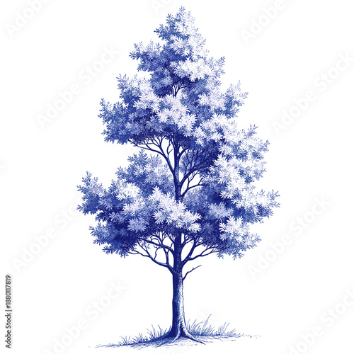Vintage sketch of tree sapling in blue ink on white background  