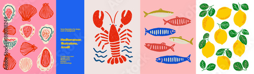 Mediterranean & Amalfi Coast Vector Art Set. Vibrant vector illustrations. Features graphic seafood (oysters, lobster, sardines) and fresh lemons, ideal for food, travel, and nautical designs.