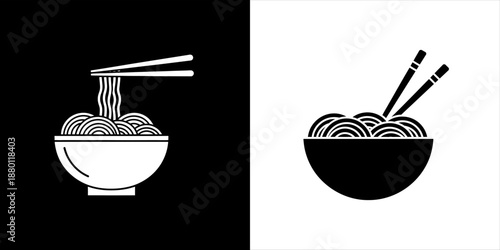 Contrasting black and white noodle bowl icons with chopsticks for Asian cuisine concepts