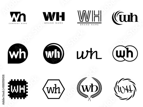 WH logo company template. Letter w and h logotype. Set different classic serif lettering and modern bold text with design elements. Initial font typography.
