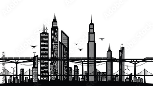 Modern futuristic cityscape silhouette showcasing sustainable technology and drone delivery transportation systems