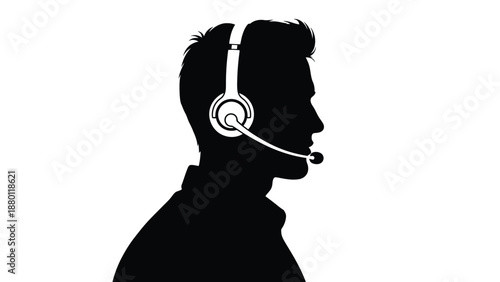 Silhouette profile of a professional male customer service agent wearing a modern communication headset icon