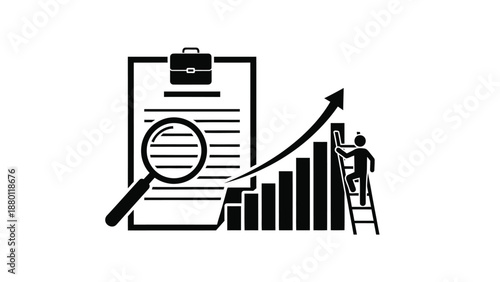 Business performance analysis and upward trend tracking concept using magnifying glass and achievement ladder