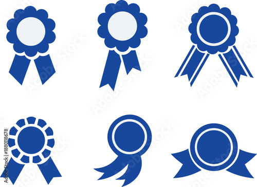Blue award ribbon and rosette symbol vector icon collection for achievement certification and success