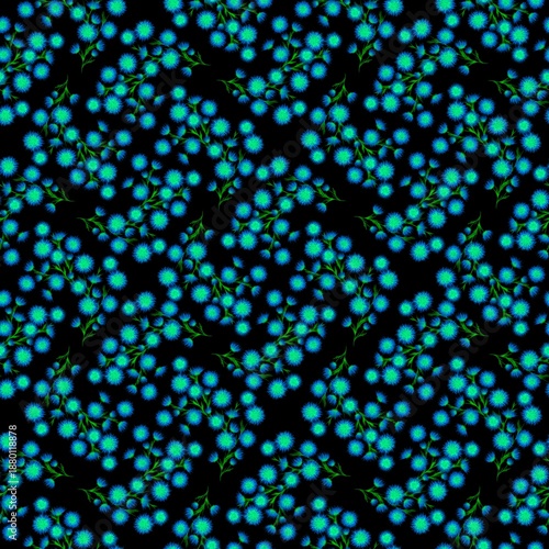 Vibrant seamless pattern with swirling blue flowers and green stems on black background. Hypnotic floral design ideal for fashion prints, digital art, or statement accessories