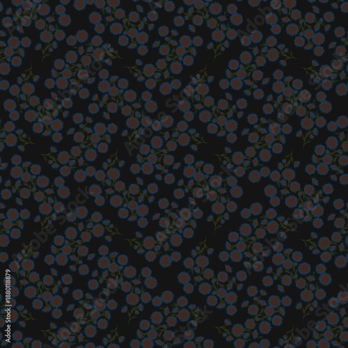 Seamless floral pattern with blue petals and reddish centers on black background. Balanced composition and vivid contrast perfect for apparel, stationery, or digital backgrounds