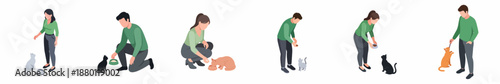 Illustrated Minimalist People Interacting with Domestic Cat Set of Lifestyle Illustration