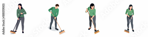 Flat Style Diverse People Sweeping Floor with Broom Cleaning Activity Illustration