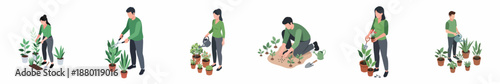Flat Isometric People Planting and Watering Plant in Pots Illustration Set