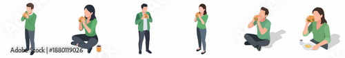 Flat Isometric People Eating Fast Food Meal Illustration Set