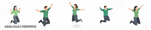 Flat Style Diverse People Jumping Illustration Celebrating Success and Happiness Set
