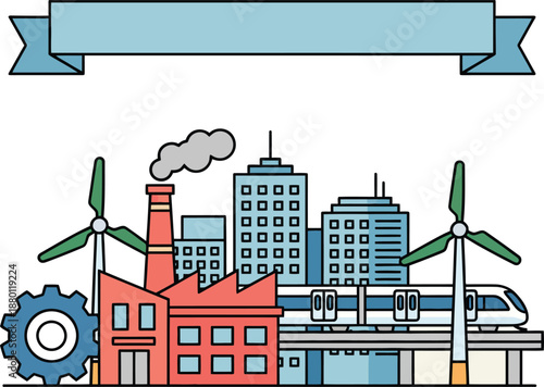 Modern industrial city landscape with factory manufacturing plant wind turbines for sustainable energy and high speed metro train for urban infrastructure development concept icon set.
