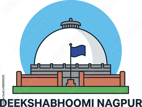 Deekshabhoomi Nagpur stupa landmark icon featuring large white buddhist dome monument with blue flag for indian historical architecture and spiritual tourism travel destination symbol.